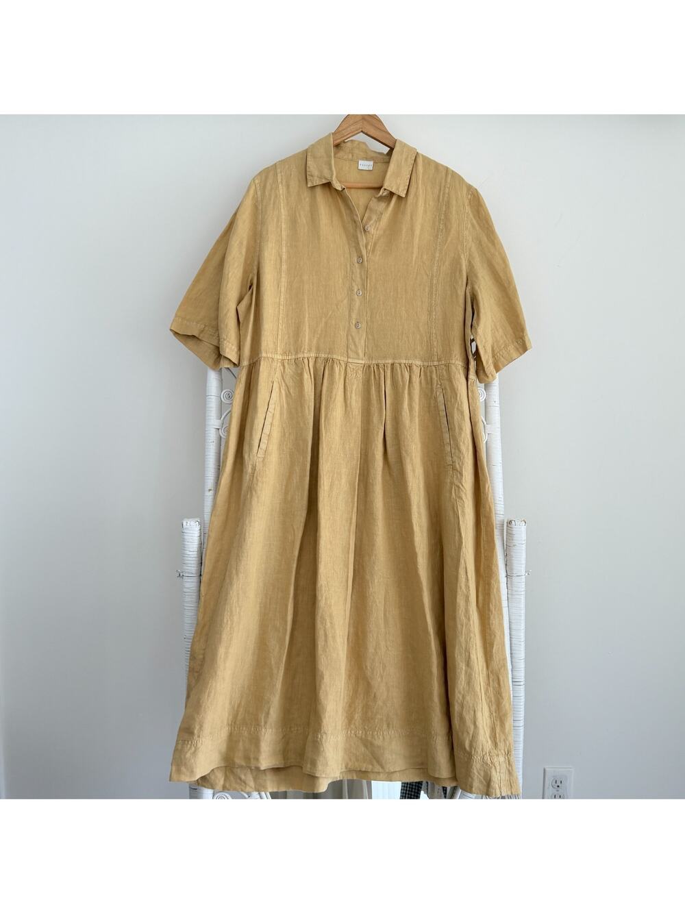Poetry Linen Dress 16 US Yellow Gathered Midi Pockets Cottage Prairie UK20
